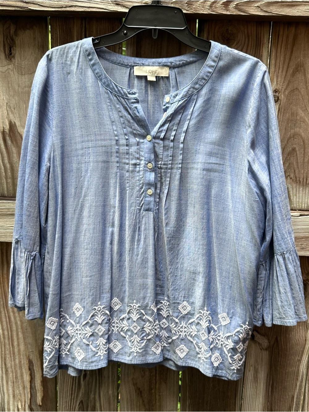 LOFT Light Blue Embroidered Pintuck Peasant Top